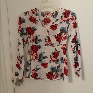 Floral V-Neck Long Sleeve Top - Red and White
